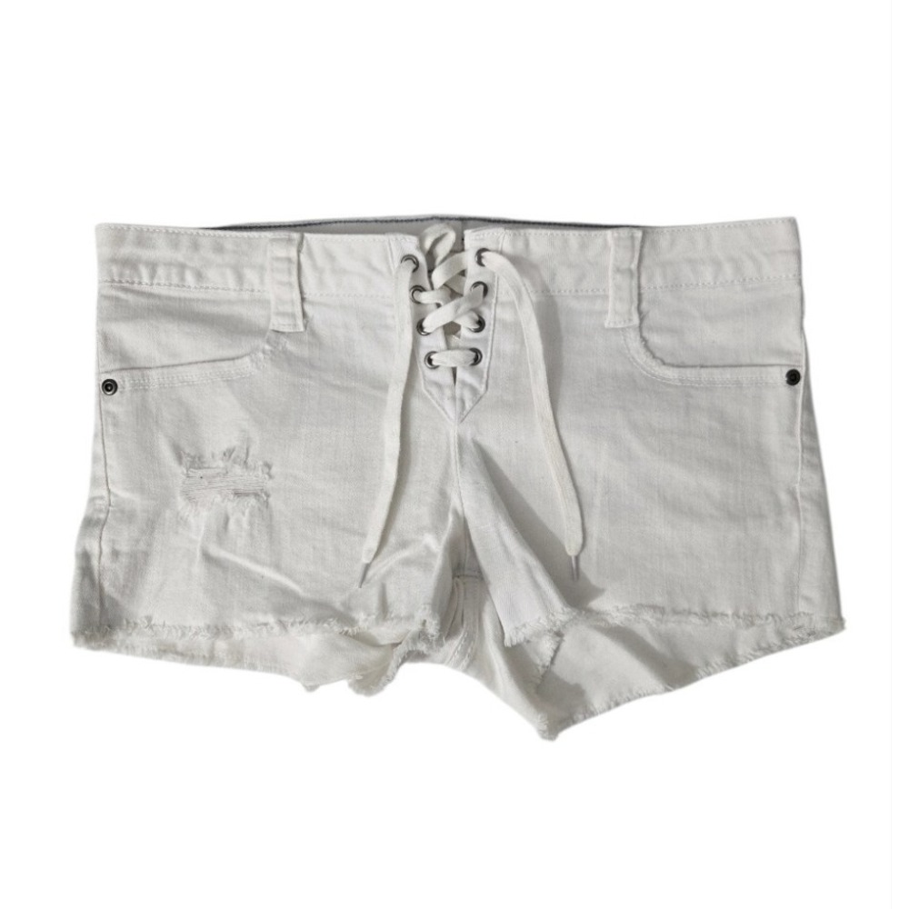 2.1 Denim White Lace-Up Cutoff Jean‎ Shorts Women's Size 27 Distressed